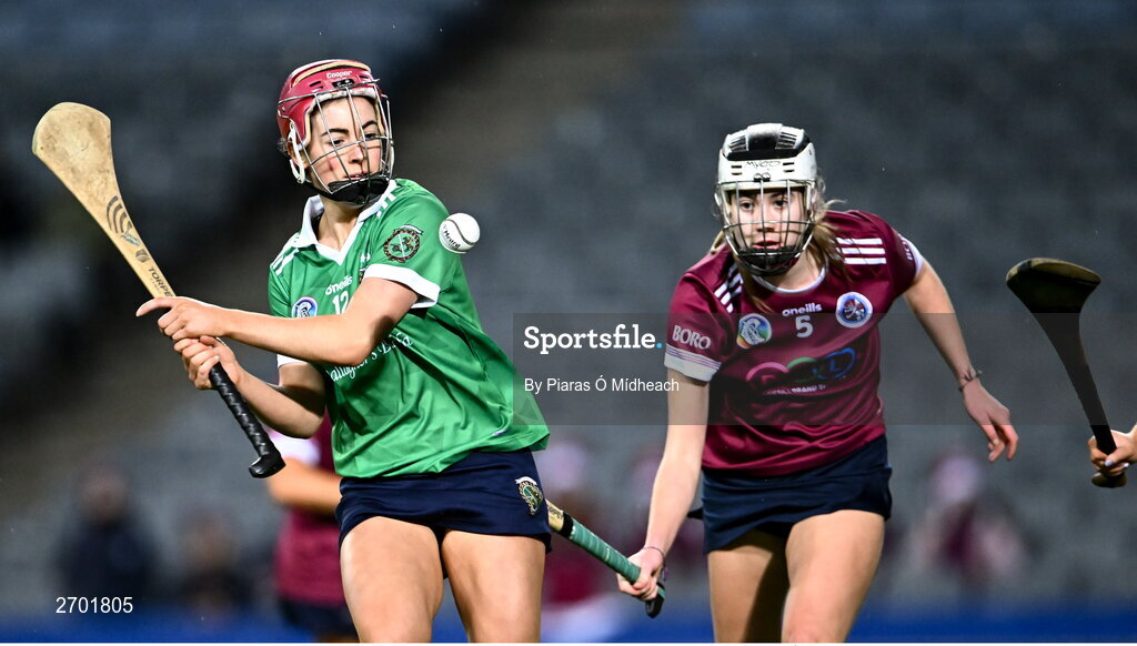 17 December 2023; Rachel Murray of Sarsfields in action against Niamh Phelan of Dicksboro during the AIB Camogie All-Ireland Senior Club Championship final match between Dicksboro of Kilkenny and Sarsfields of Galway at Croke Park in Dublin. Photo by Piaras Ó Mídheach/Sportsfile