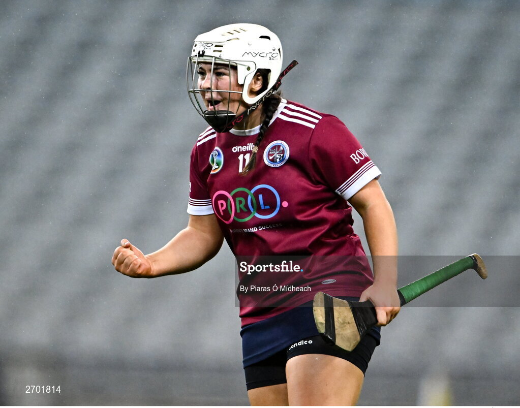 17 December 2023; Amy Clifford of Dicksboro celebrates a late score during the AIB Camogie All-Ireland Senior Club Championship final match between Dicksboro of Kilkenny and Sarsfields of Galway at Croke Park in Dublin. Photo by Piaras Ó Mídheach/Sportsfile
