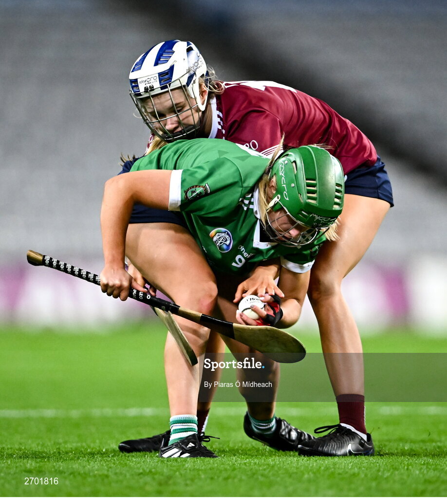 17 December 2023; Sarah Spellman of Sarsfields in action against Asha McHardy of Dicksboro during the AIB Camogie All-Ireland Senior Club Championship final match between Dicksboro of Kilkenny and Sarsfields of Galway at Croke Park in Dublin. Photo by Piaras Ó Mídheach/Sportsfile