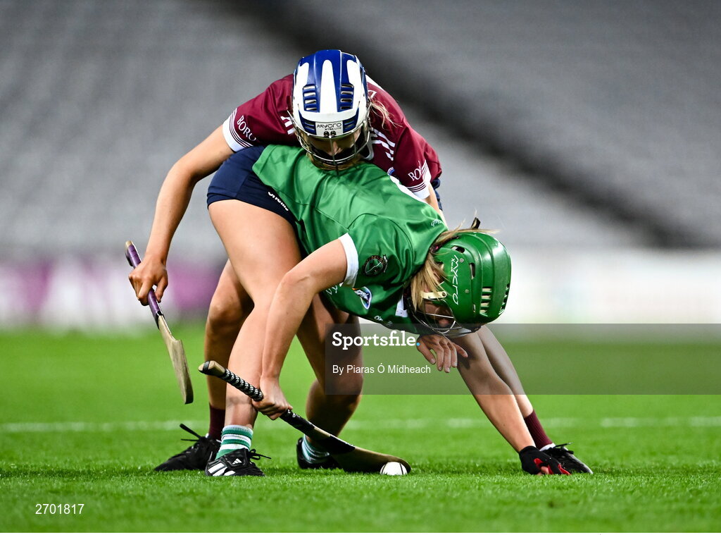 17 December 2023; Sarah Spellman of Sarsfields in action against Asha McHardy of Dicksboro during the AIB Camogie All-Ireland Senior Club Championship final match between Dicksboro of Kilkenny and Sarsfields of Galway at Croke Park in Dublin. Photo by Piaras Ó Mídheach/Sportsfile