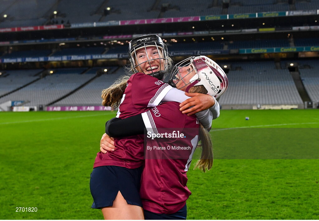 17 December 2023; Dicksboro players Rose Kelly, left, and Tara McGrath celebrate after their side's victory in the AIB Camogie All-Ireland Senior Club Championship final match between Dicksboro of Kilkenny and Sarsfields of Galway at Croke Park in Dublin. Photo by Piaras Ó Mídheach/Sportsfile