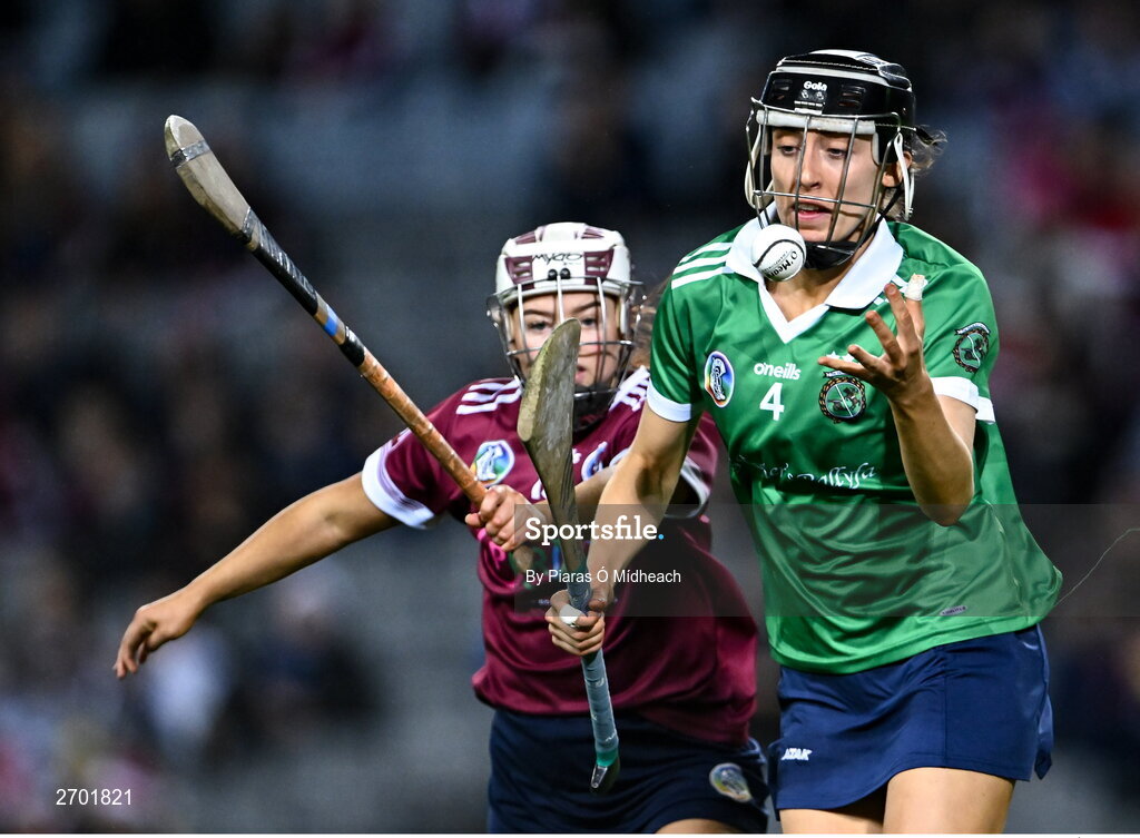 17 December 2023; Kate Gallagher of Sarsfields in action against Jenny Clifford of Dicksboro during the AIB Camogie All-Ireland Senior Club Championship final match between Dicksboro of Kilkenny and Sarsfields of Galway at Croke Park in Dublin. Photo by Piaras Ó Mídheach/Sportsfile