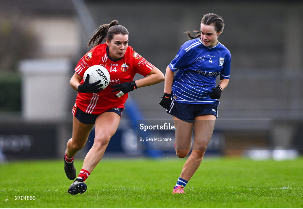 17 December 2023; Kate O'Donovan of O'Donovan Rossa and Aisling Cummins of Claremorris during the Currentaccount.ie LGFA All-Ireland Junior Club Championship final match between Claremorris of Mayo and O'Donovan Rossa of Cork at Parnell Park in Dublin. Photo by Ben McShane/Sportsfile