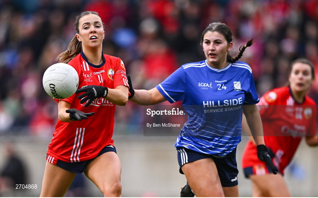 17 December 2023; Emma Hurley of O'Donovan Rossa and Deirbhile Horkan of Claremorris during the Currentaccount.ie LGFA All-Ireland Junior Club Championship final match between Claremorris of Mayo and O'Donovan Rossa of Cork at Parnell Park in Dublin. Photo by Ben McShane/Sportsfile