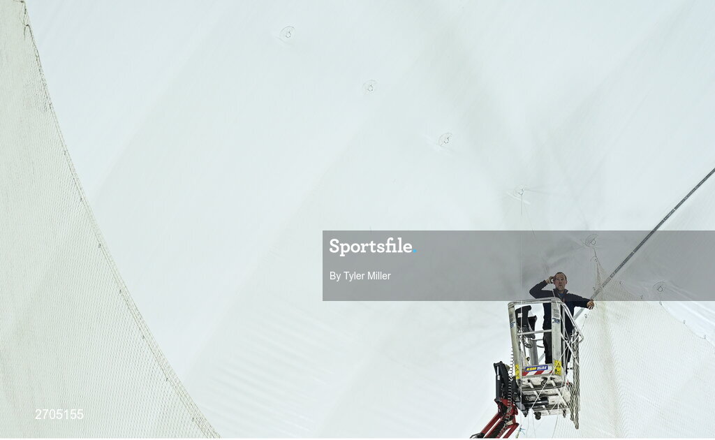4 January 2024; Crane Operator Johnny Trimble repairs the net before the Connacht Hurling League semi-final match between Galway and New York at University of Galway Connacht GAA AirDome in Bekan, Mayo. Photo by Tyler Miller/Sportsfile