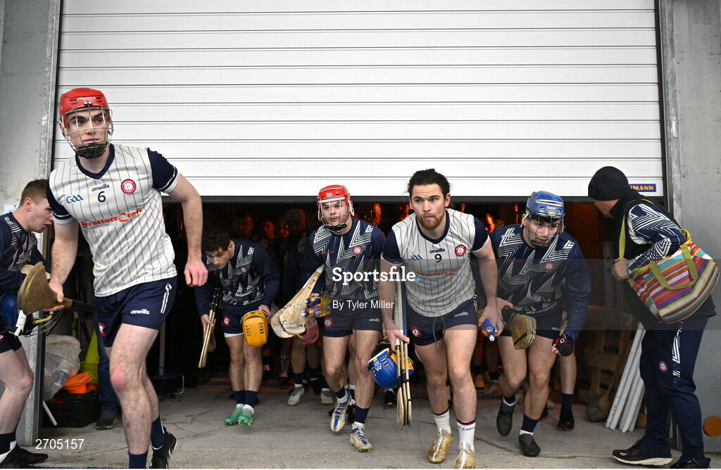 4 January 2024; The New York team make their way onto the pitch led by Darragh Moran, left, before the Connacht Hurling League semi-final match between Galway and New York at University of Galway Connacht GAA AirDome in Bekan, Mayo. Photo by Tyler Miller/Sportsfile