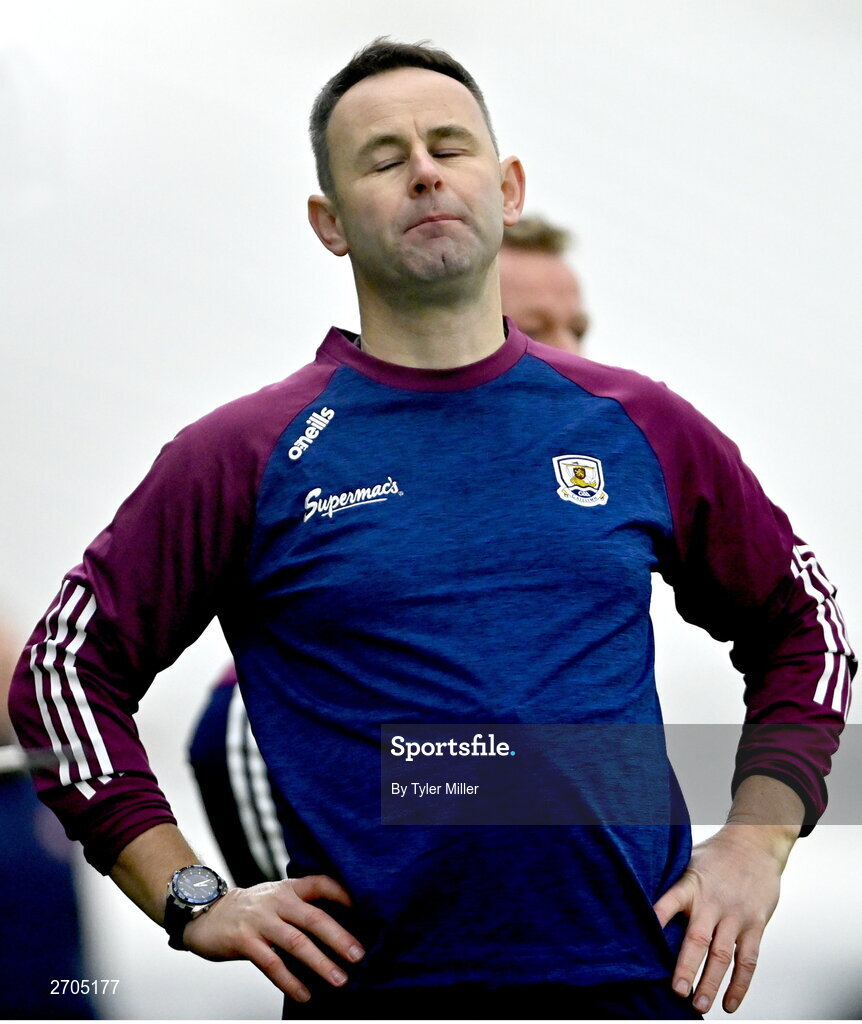 4 January 2024; Galway manager Declan Molloy reacts after his side conceded a point during the Connacht Hurling League semi-final match between Galway and New York at University of Galway Connacht GAA AirDome in Bekan, Mayo. Photo by Tyler Miller/Sportsfile