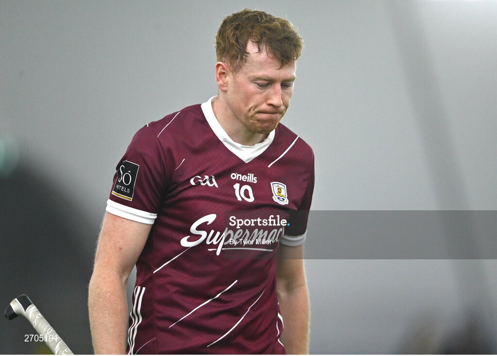 4 January 2024; Breandan Ó'Conghaile of Galway reacts during the Connacht Hurling League semi-final match between Galway and New York at University of Galway Connacht GAA AirDome in Bekan, Mayo. Photo by Tyler Miller/Sportsfile