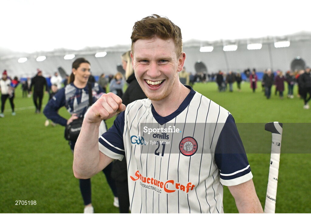 4 January 2024; Conor Lynch of New York celebrates after his side's victory in the Connacht Hurling League semi-final match between Galway and New York at University of Galway Connacht GAA AirDome in Bekan, Mayo. Photo by Tyler Miller/Sportsfile