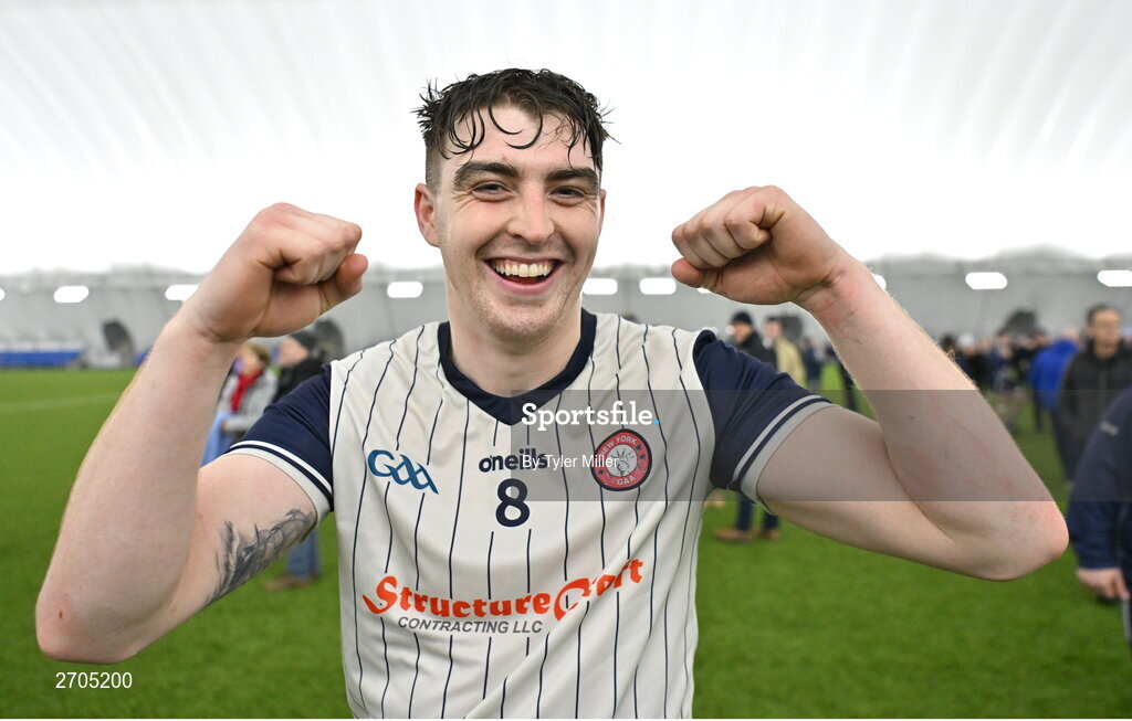 4 January 2024; Adam Loughlin Stones of New York celebrates after his side's victory in the Connacht Hurling League semi-final match between Galway and New York at University of Galway Connacht GAA AirDome in Bekan, Mayo. Photo by Tyler Miller/Sportsfile