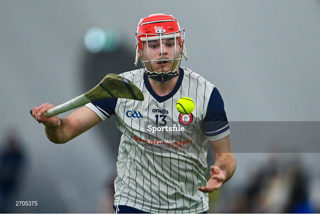 4 January 2024; Ruadhan Mulrooney of New York during the Connacht Hurling League semi-final match between Galway and New York at University of Galway Connacht GAA AirDome in Bekan, Mayo. Photo by Tyler Miller/Sportsfile