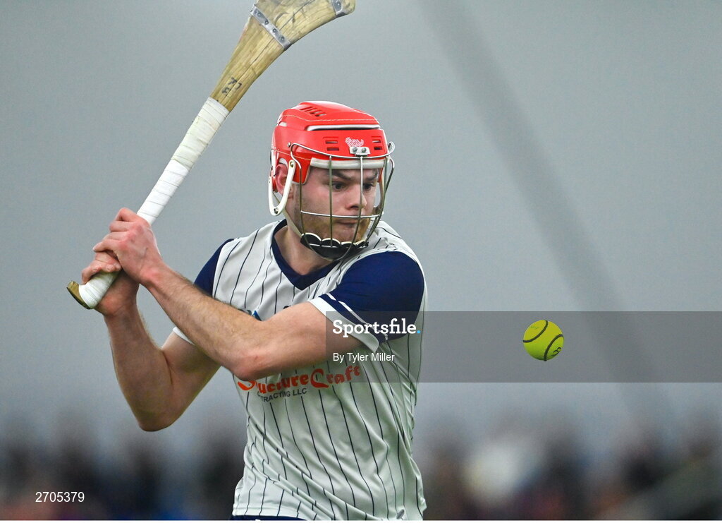 4 January 2024; Ruadhan Mulrooney of New York during the Connacht Hurling League semi-final match between Galway and New York at University of Galway Connacht GAA AirDome in Bekan, Mayo. Photo by Tyler Miller/Sportsfile