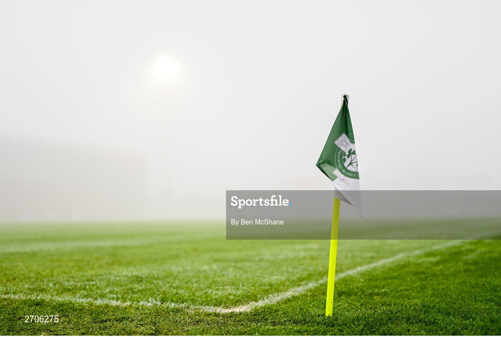 7 January 2024; A sideline flag is seen as heavy fog decends on Páirc Esler before the AIB GAA Football All-Ireland Senior Club Championship semi-final match between Kilmacud Crokes of Dublin, and Glen of Derry, at Páirc Esler in Newry, Down. Photo by Ben McShane/Sportsfile