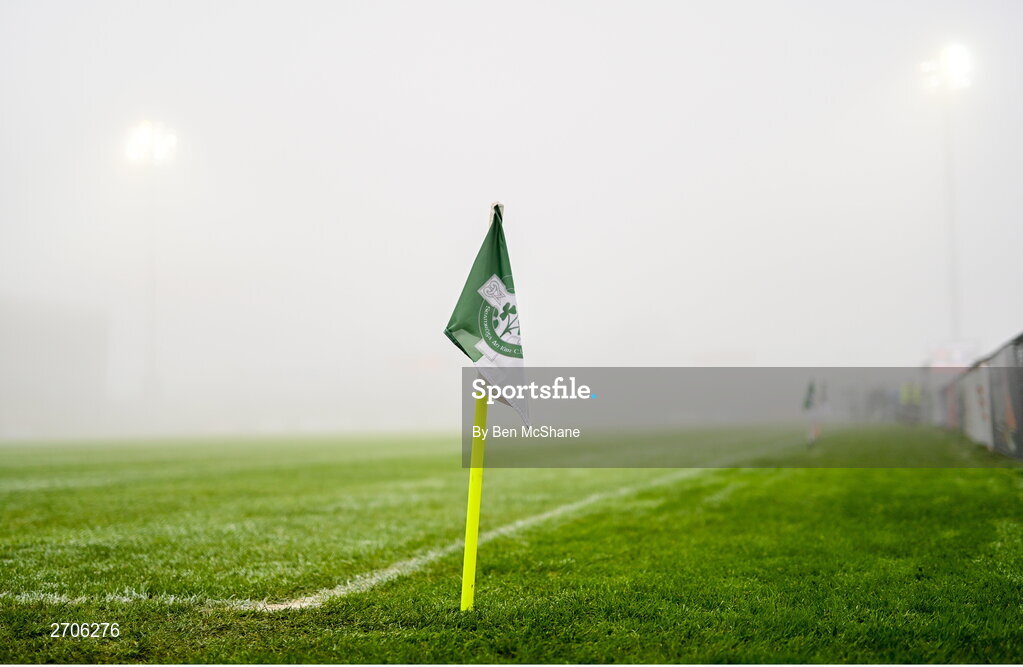 7 January 2024; A sideline flag is seen as heavy fog decends on Páirc Esler before the AIB GAA Football All-Ireland Senior Club Championship semi-final match between Kilmacud Crokes of Dublin, and Glen of Derry, at Páirc Esler in Newry, Down. Photo by Ben McShane/Sportsfile
