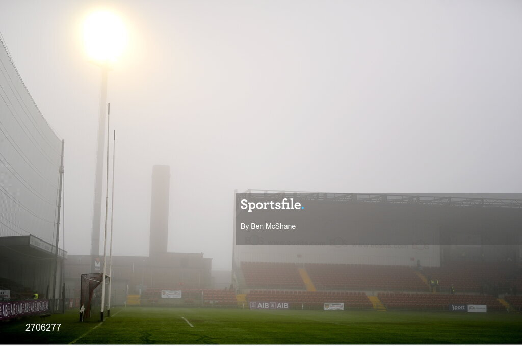 7 January 2024; A general view of Páirc Esler as heavy fog decends before the AIB GAA Football All-Ireland Senior Club Championship semi-final match between Kilmacud Crokes of Dublin, and Glen of Derry, at Páirc Esler in Newry, Down. Photo by Ben McShane/Sportsfile
