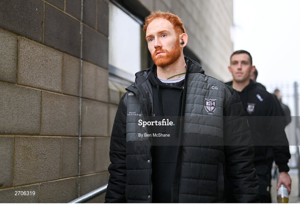 7 January 2024; Conor Glass of Glen arrives before the AIB GAA Football All-Ireland Senior Club Championship semi-final match between Kilmacud Crokes of Dublin, and Glen of Derry, at Páirc Esler in Newry, Down. Photo by Ben McShane/Sportsfile