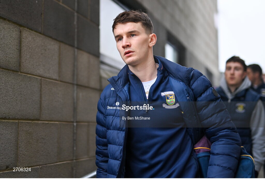 7 January 2024; Dara Mullin of Kilmacud Crokes arrives before the AIB GAA Football All-Ireland Senior Club Championship semi-final match between Kilmacud Crokes of Dublin, and Glen of Derry, at Páirc Esler in Newry, Down. Photo by Ben McShane/Sportsfile