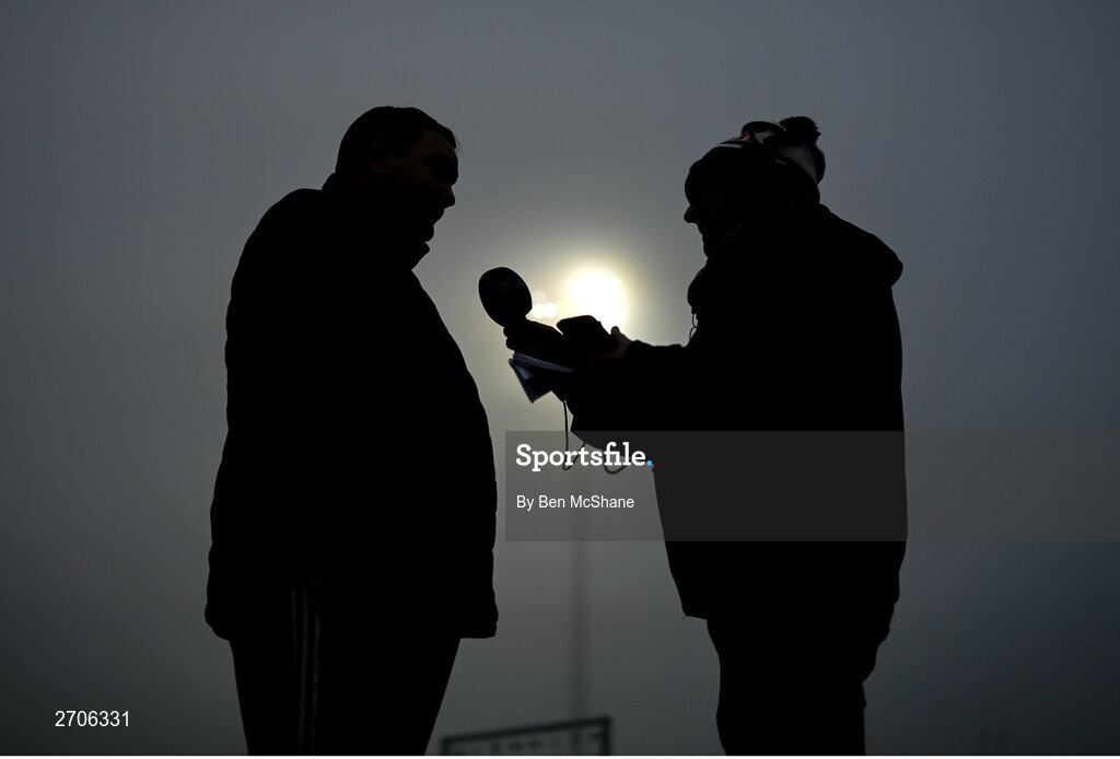 7 January 2024; Kilmacud Crokes manager Robbie Brennan, left, is interviewed by RTÉ before the AIB GAA Football All-Ireland Senior Club Championship semi-final match between Kilmacud Crokes of Dublin, and Glen of Derry, at Páirc Esler in Newry, Down. Photo by Ben McShane/Sportsfile