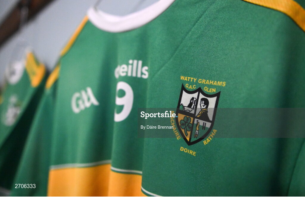 7 January 2024; The jersey of Emmett Bradley of Glen ahead of the AIB GAA Football All-Ireland Senior Club Championship semi-final match between Kilmacud Crokes of Dublin, and Glen of Derry, at Páirc Esler in Newry, Down. Photo by Daire Brennan/Sportsfile