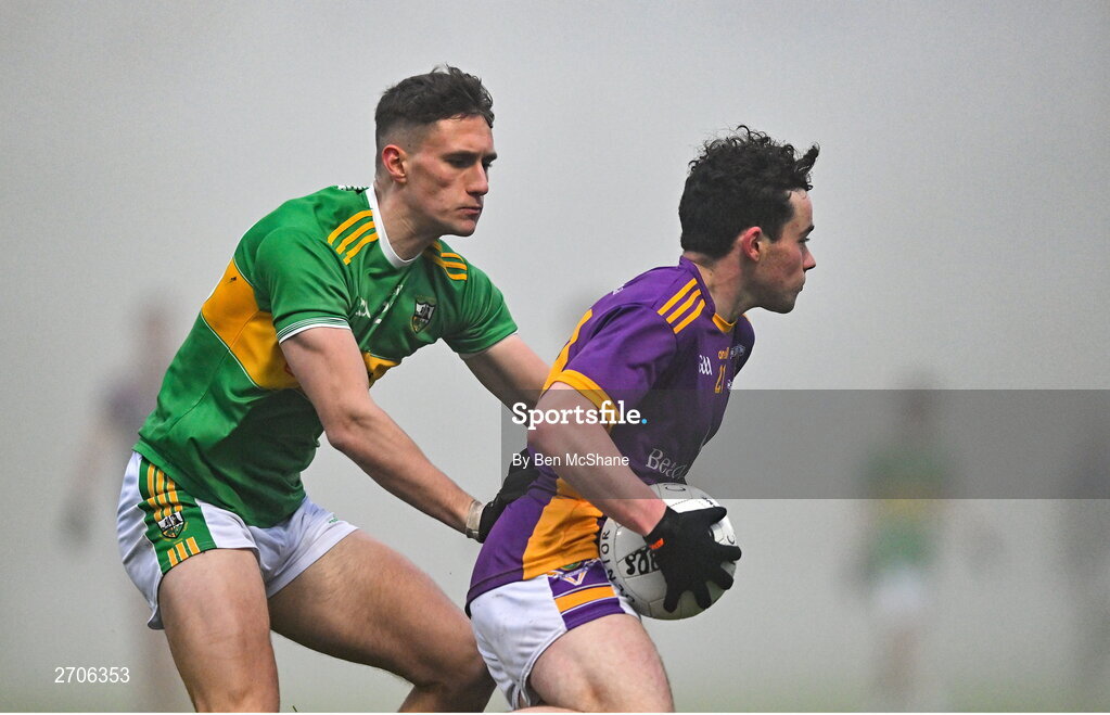 7 January 2024; Luke Ward of Kilmacud Crokes in action against Jody McDermott of Glen during the AIB GAA Football All-Ireland Senior Club Championship semi-final match between Kilmacud Crokes of Dublin, and Glen of Derry, at Páirc Esler in Newry, Down. Photo by Ben McShane/Sportsfile