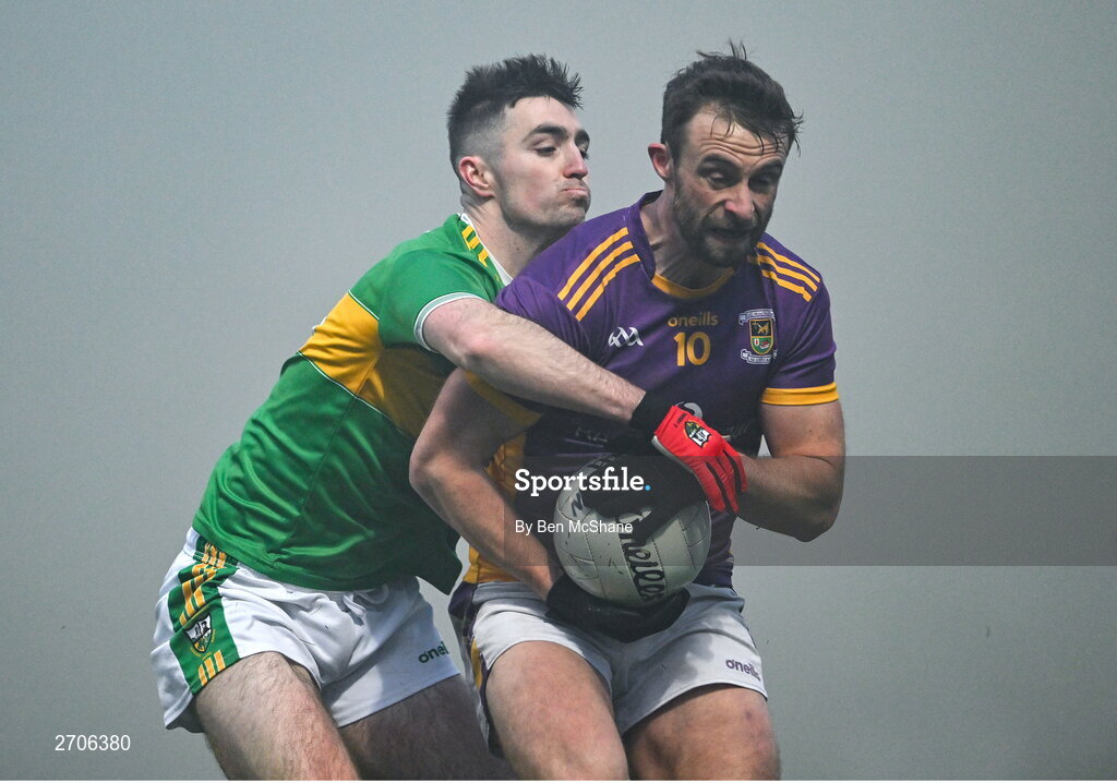 7 January 2024; Shane Horan of Kilmacud Crokes is tackled by Danny Tallon of Glen during the AIB GAA Football All-Ireland Senior Club Championship semi-final match between Kilmacud Crokes of Dublin, and Glen of Derry, at Páirc Esler in Newry, Down. Photo by Ben McShane/Sportsfile