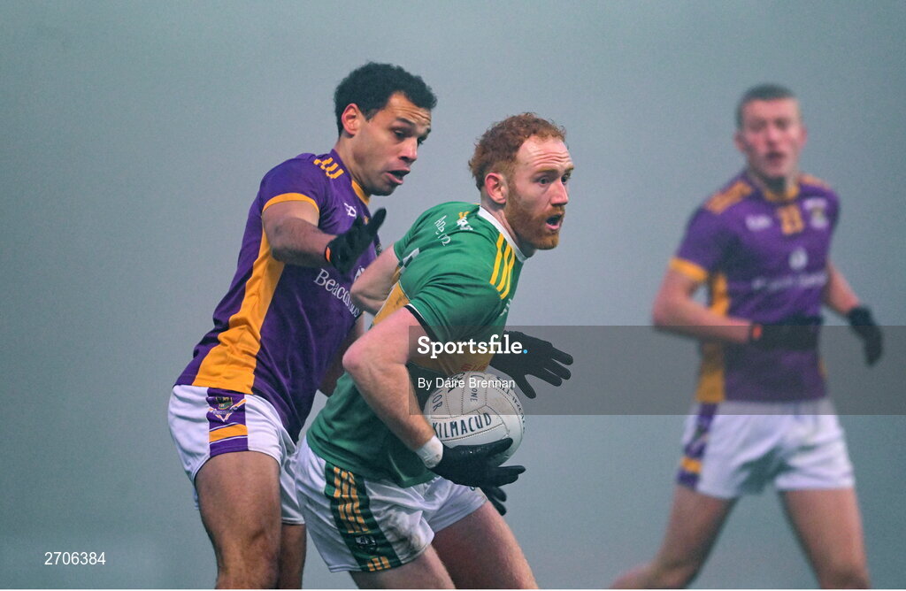 7 January 2024; Conor Glass of Glen in action against Craig Dias of Kilmacud Crokes during the AIB GAA Football All-Ireland Senior Club Championship semi-final match between Kilmacud Crokes of Dublin, and Glen of Derry, at Páirc Esler in Newry, Down. Photo by Daire Brennan/Sportsfile