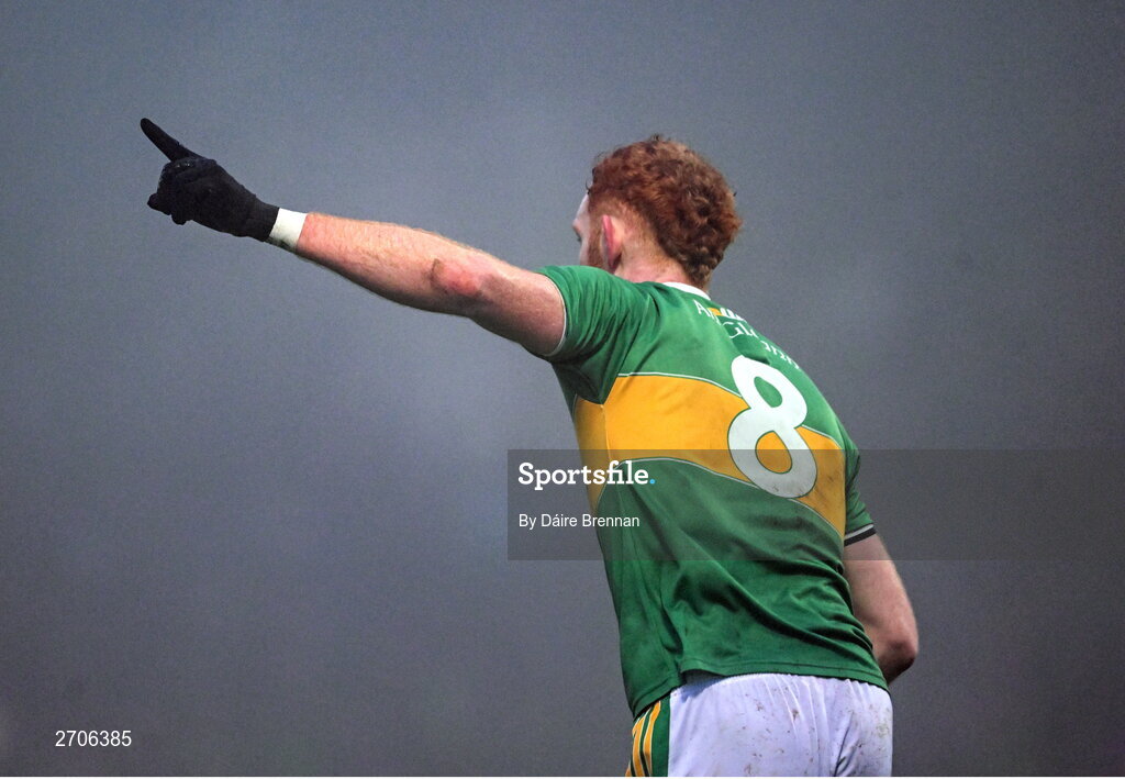 7 January 2024; Conor Glass of Glen celebrates after scoring a first half point during the AIB GAA Football All-Ireland Senior Club Championship semi-final match between Kilmacud Crokes of Dublin, and Glen of Derry, at Páirc Esler in Newry, Down. Photo by Daire Brennan/Sportsfile