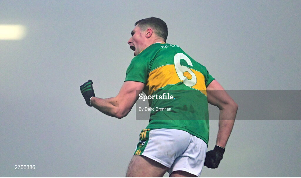 7 January 2024; Ciarán McFaul of Glen celebrates after scoring a first half point during the AIB GAA Football All-Ireland Senior Club Championship semi-final match between Kilmacud Crokes of Dublin, and Glen of Derry, at Páirc Esler in Newry, Down. Photo by Daire Brennan/Sportsfile