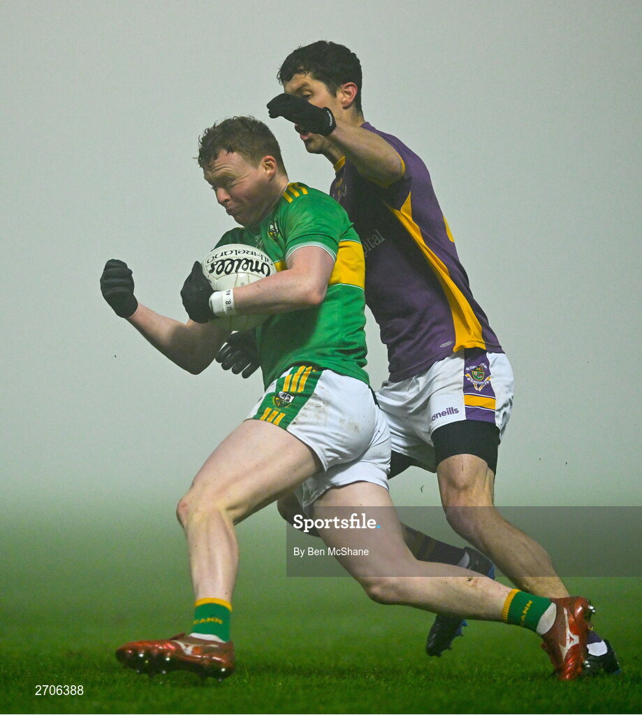 7 January 2024; Conor Coventry of Glen in action against Rory O'Carroll of Kilmacud Crokes during the AIB GAA Football All-Ireland Senior Club Championship semi-final match between Kilmacud Crokes of Dublin, and Glen of Derry, at Páirc Esler in Newry, Down. Photo by Ben McShane/Sportsfile
