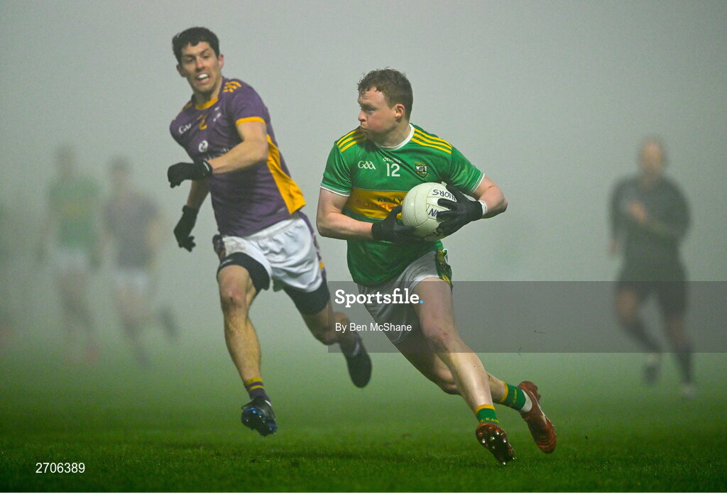 7 January 2024; Conor Coventry of Glen in action against Rory O'Carroll of Kilmacud Crokes during the AIB GAA Football All-Ireland Senior Club Championship semi-final match between Kilmacud Crokes of Dublin, and Glen of Derry, at Páirc Esler in Newry, Down. Photo by Ben McShane/Sportsfile