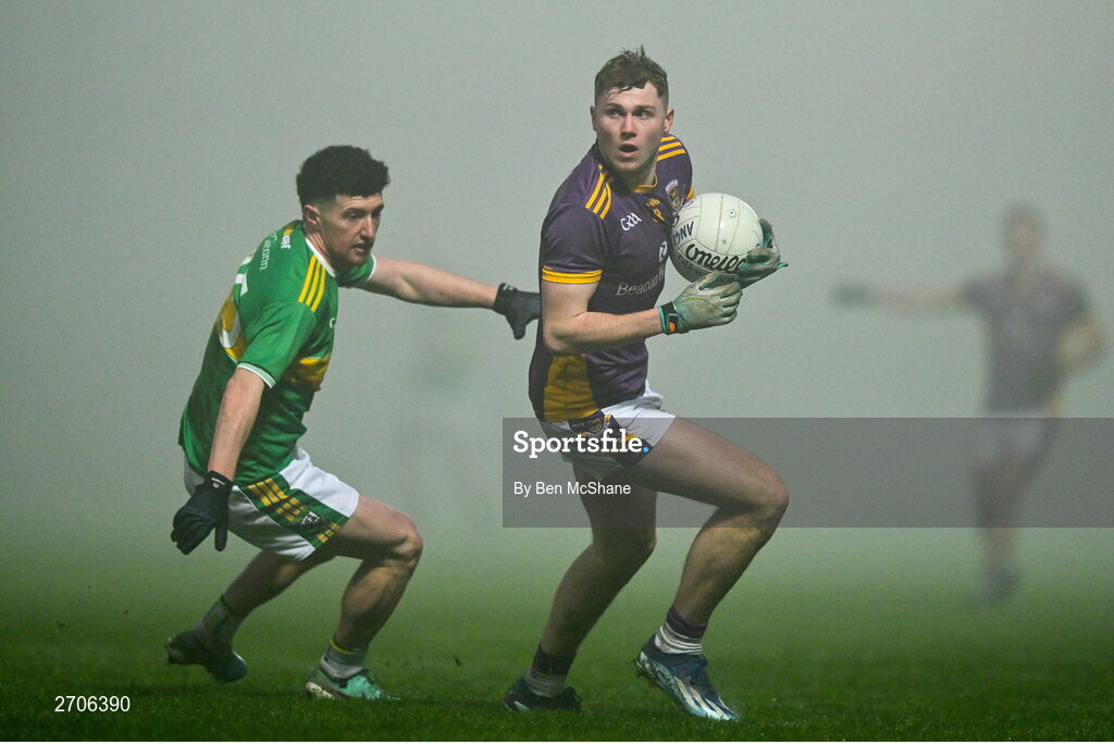 7 January 2024; Mark O'Leary of Kilmacud Crokes in action against Conleth McGuckian of Glen during the AIB GAA Football All-Ireland Senior Club Championship semi-final match between Kilmacud Crokes of Dublin, and Glen of Derry, at Páirc Esler in Newry, Down. Photo by Ben McShane/Sportsfile