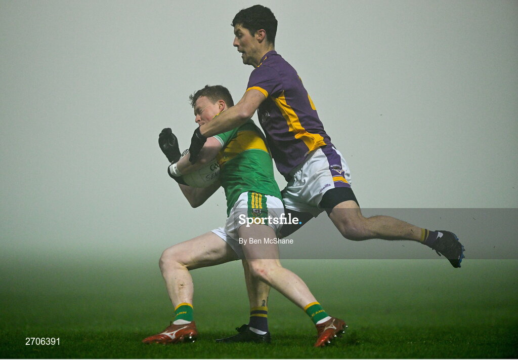 7 January 2024; Conor Coventry of Glen in action against Rory O'Carroll of Kilmacud Crokes during the AIB GAA Football All-Ireland Senior Club Championship semi-final match between Kilmacud Crokes of Dublin, and Glen of Derry, at Páirc Esler in Newry, Down. Photo by Ben McShane/Sportsfile