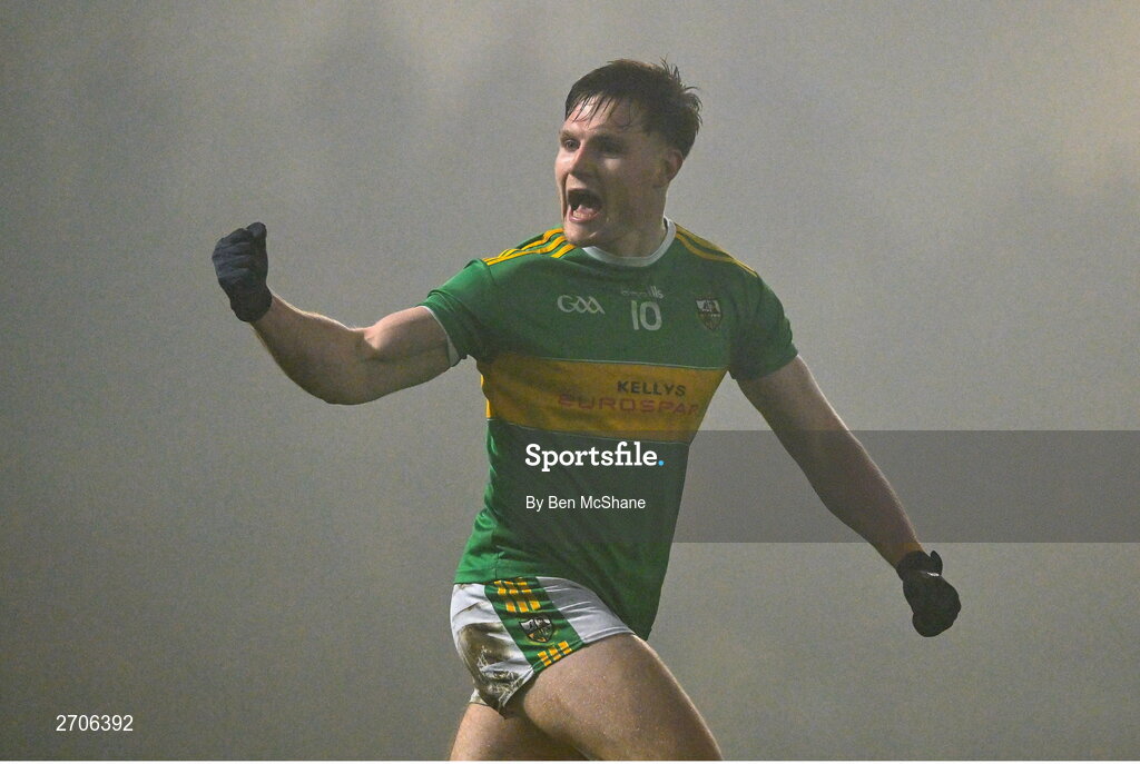 7 January 2024; Ethan Doherty of Glen celebrates after scoring his side's first goal during the AIB GAA Football All-Ireland Senior Club Championship semi-final match between Kilmacud Crokes of Dublin, and Glen of Derry, at Páirc Esler in Newry, Down. Photo by Ben McShane/Sportsfile