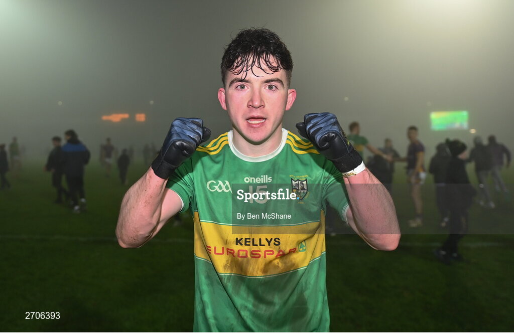7 January 2024; Conleth McGuckian of Glen celebrates after the AIB GAA Football All-Ireland Senior Club Championship semi-final match between Kilmacud Crokes of Dublin, and Glen of Derry, at Páirc Esler in Newry, Down. Photo by Ben McShane/Sportsfile