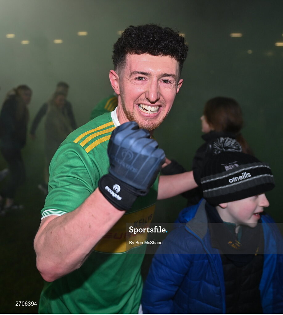 7 January 2024; Tiarnan Flanagan of Glen celebrates after the AIB GAA Football All-Ireland Senior Club Championship semi-final match between Kilmacud Crokes of Dublin, and Glen of Derry, at Páirc Esler in Newry, Down. Photo by Ben McShane/Sportsfile