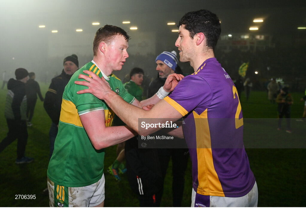 7 January 2024; Conor Coventry of Glen, left, and Rory O'Carroll of Kilmacud Crokes after the AIB GAA Football All-Ireland Senior Club Championship semi-final match between Kilmacud Crokes of Dublin, and Glen of Derry, at Páirc Esler in Newry, Down. Photo by Ben McShane/Sportsfile