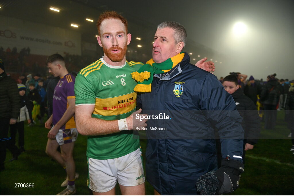 7 January 2024; Conor Glass of Glen with a supporter after the AIB GAA Football All-Ireland Senior Club Championship semi-final match between Kilmacud Crokes of Dublin, and Glen of Derry, at Páirc Esler in Newry, Down. Photo by Ben McShane/Sportsfile