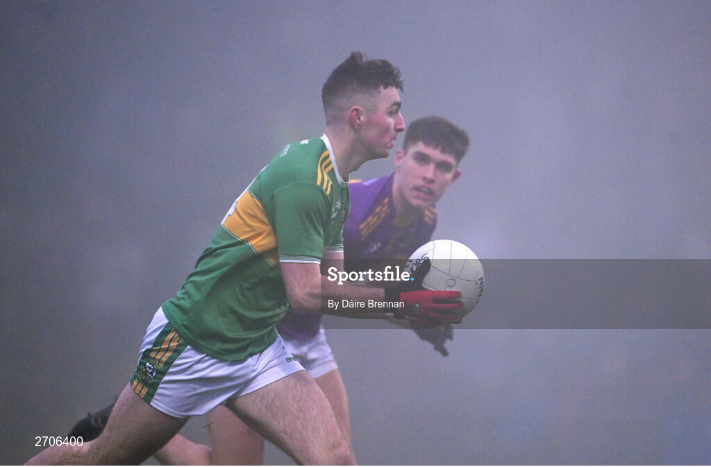 7 January 2024; Danny Tallon of Glen in action against Theo Clancy of Kilmacud Crokes during the AIB GAA Football All-Ireland Senior Club Championship semi-final match between Kilmacud Crokes of Dublin, and Glen of Derry, at Páirc Esler in Newry, Down. Photo by Daire Brennan/Sportsfile