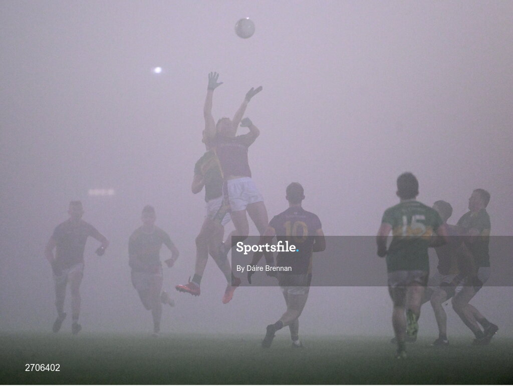 7 January 2024; Darragh Dempsey of Kilmacud Crokes in action against Conor Glass of Glen during the AIB GAA Football All-Ireland Senior Club Championship semi-final match between Kilmacud Crokes of Dublin, and Glen of Derry, at Páirc Esler in Newry, Down. Photo by Daire Brennan/Sportsfile