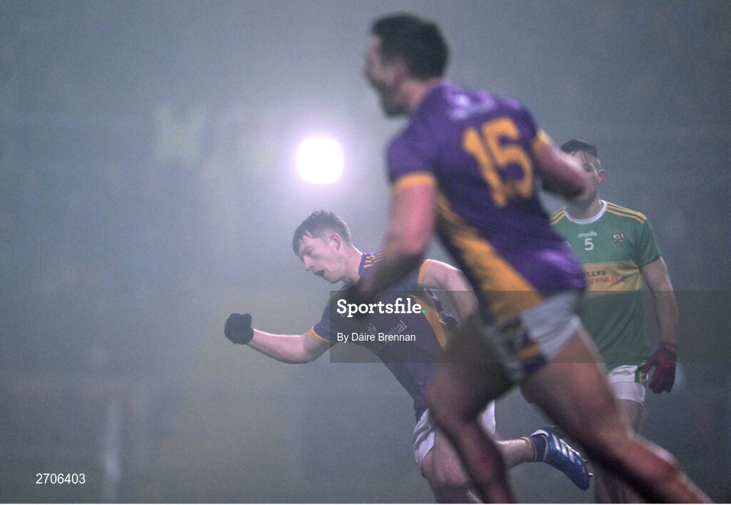 7 January 2024; Hugh Kenny of Kilmacud Crokes celebrates after scoring his side's first goal during the AIB GAA Football All-Ireland Senior Club Championship semi-final match between Kilmacud Crokes of Dublin, and Glen of Derry, at Páirc Esler in Newry, Down. Photo by Daire Brennan/Sportsfile