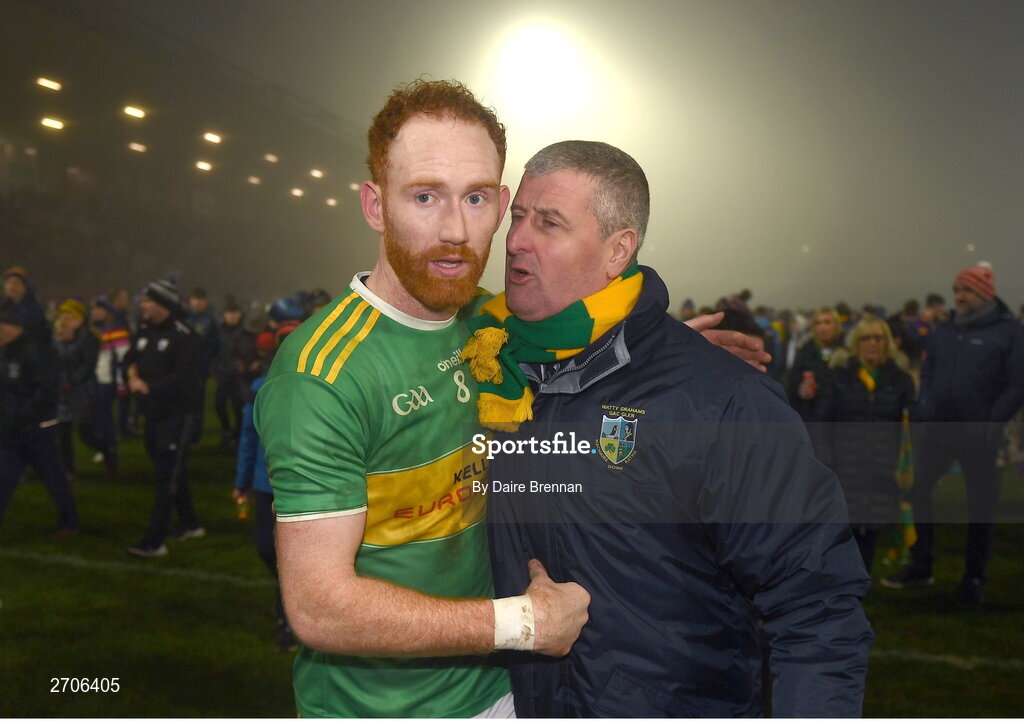 7 January 2024; Conor Glass of Glen with a supporter after the AIB GAA Football All-Ireland Senior Club Championship semi-final match between Kilmacud Crokes of Dublin, and Glen of Derry, at Páirc Esler in Newry, Down. Photo by Daire Brennan/Sportsfile