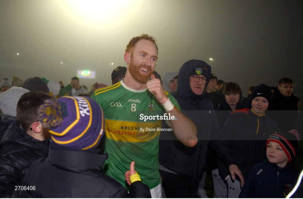 7 January 2024; Conor Glass of Glen celebrates with supporters after the AIB GAA Football All-Ireland Senior Club Championship semi-final match between Kilmacud Crokes of Dublin, and Glen of Derry, at Páirc Esler in Newry, Down. Photo by Daire Brennan/Sportsfile