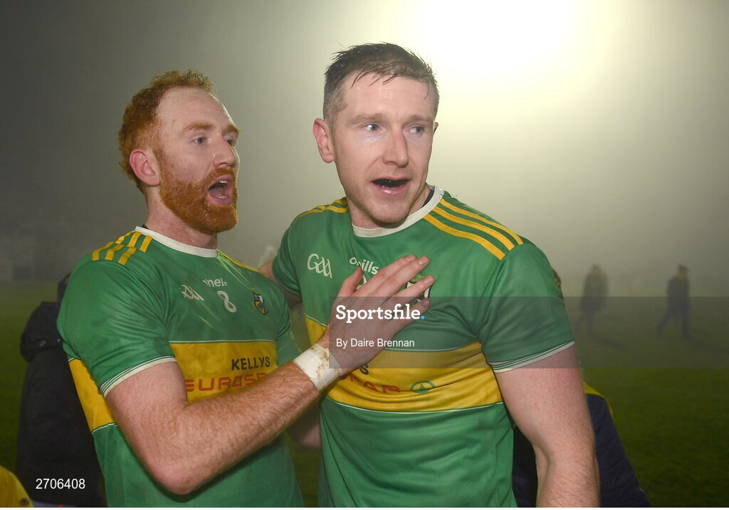 7 January 2024; Emmett Bradley, right, and Conor Glass of Glen celebrate after the AIB GAA Football All-Ireland Senior Club Championship semi-final match between Kilmacud Crokes of Dublin, and Glen of Derry, at Páirc Esler in Newry, Down. Photo by Daire Brennan/Sportsfile