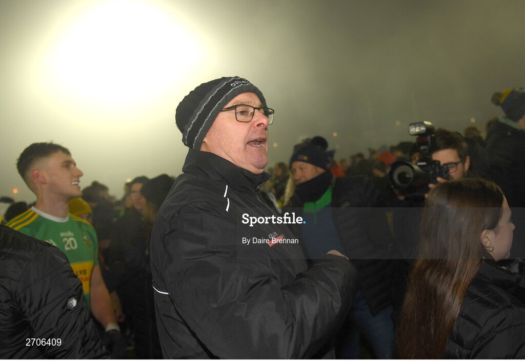 7 January 2024; Glen manager Malachy O'Rourke celebrates after the AIB GAA Football All-Ireland Senior Club Championship semi-final match between Kilmacud Crokes of Dublin, and Glen of Derry, at Páirc Esler in Newry, Down. Photo by Daire Brennan/Sportsfile