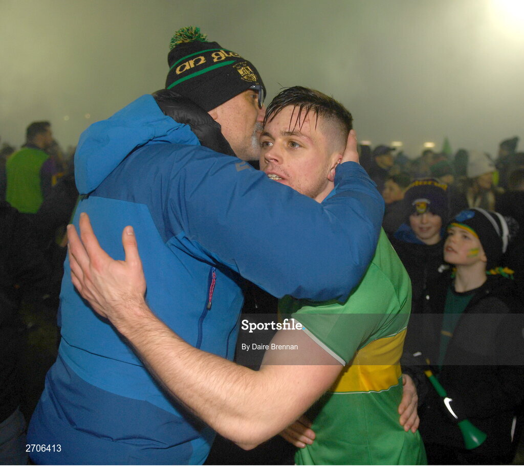 7 January 2024; Eunan Mulholland of Glen celebrates with supporters after the AIB GAA Football All-Ireland Senior Club Championship semi-final match between Kilmacud Crokes of Dublin, and Glen of Derry, at Páirc Esler in Newry, Down. Photo by Daire Brennan/Sportsfile