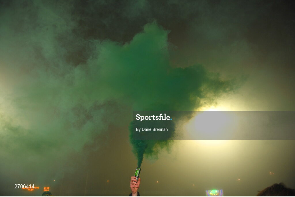 7 January 2024; A Glen supporter with a flare after the AIB GAA Football All-Ireland Senior Club Championship semi-final match between Kilmacud Crokes of Dublin, and Glen of Derry, at Páirc Esler in Newry, Down. Photo by Daire Brennan/Sportsfile
