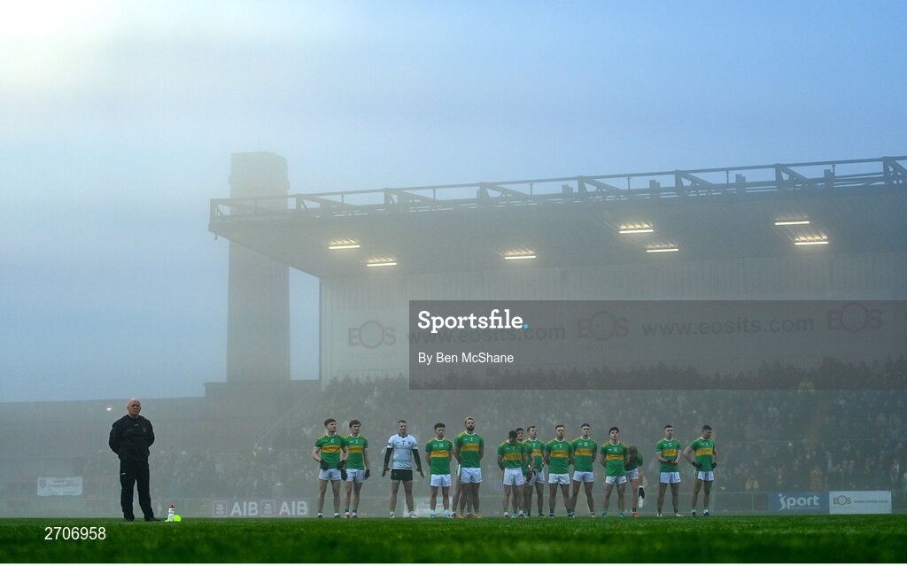 7 January 2024; Glen players stand for the national anthem before the AIB GAA Football All-Ireland Senior Club Championship semi-final match between Kilmacud Crokes of Dublin, and Glen of Derry, at Páirc Esler in Newry, Down. Photo by Ben McShane/Sportsfile