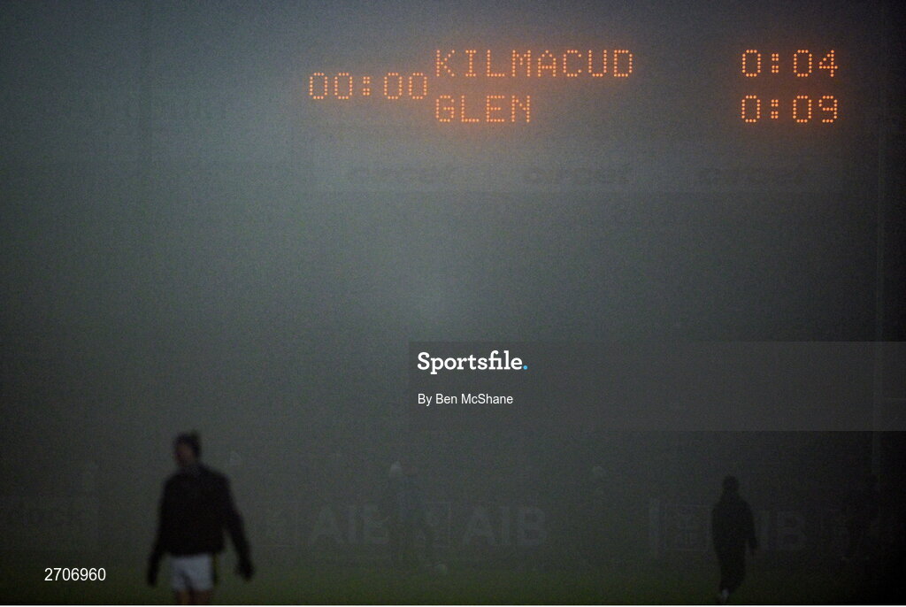 7 January 2024; The scoreboard is seen at half-time of the AIB GAA Football All-Ireland Senior Club Championship semi-final match between Kilmacud Crokes of Dublin, and Glen of Derry, at Páirc Esler in Newry, Down. Photo by Ben McShane/Sportsfile