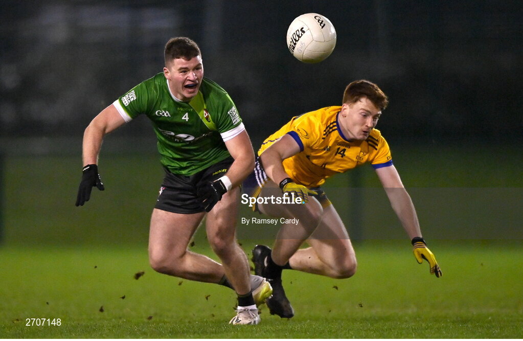 9 January 2024; Brian Conway of Queens in action against Sean Jones of DCU during the Electric Ireland Higher Education GAA Sigerson Cup Round 1 match between Queens University Belfast and DCU at The Dub at Queen’s Sport in Belfast. Photo by Ramsey Cardy/Sportsfile