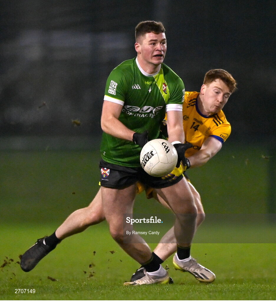 9 January 2024; Brian Conway of Queens in action against Sean Jones of DCU during the Electric Ireland Higher Education GAA Sigerson Cup Round 1 match between Queens University Belfast and DCU at The Dub at Queen’s Sport in Belfast. Photo by Ramsey Cardy/Sportsfile
